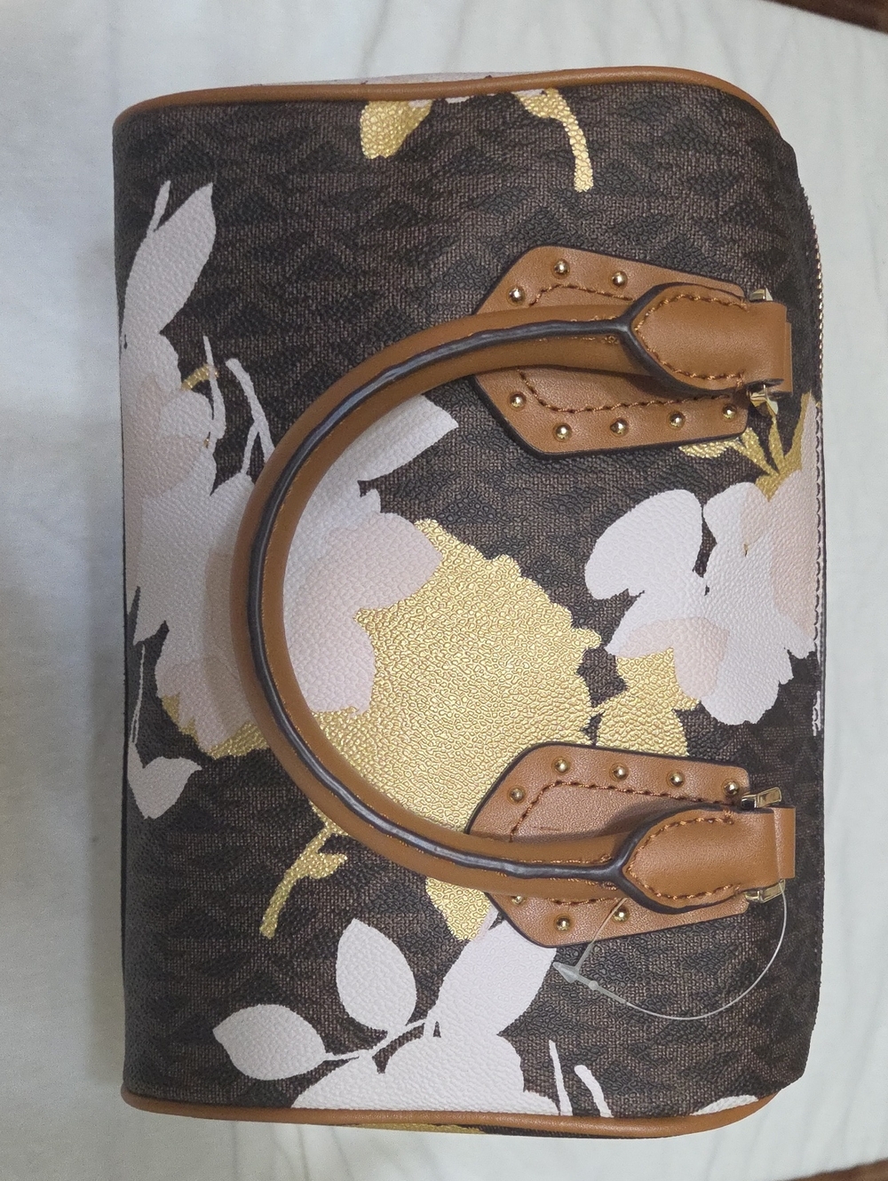 Michael Kors Brown Floral Top-Handle Satchel with Gold Accents